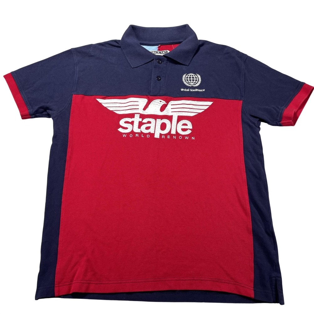 Staple Polo Shirt Mens Medium Blue Red Colorblock World Renown‎ Eagle Logo
